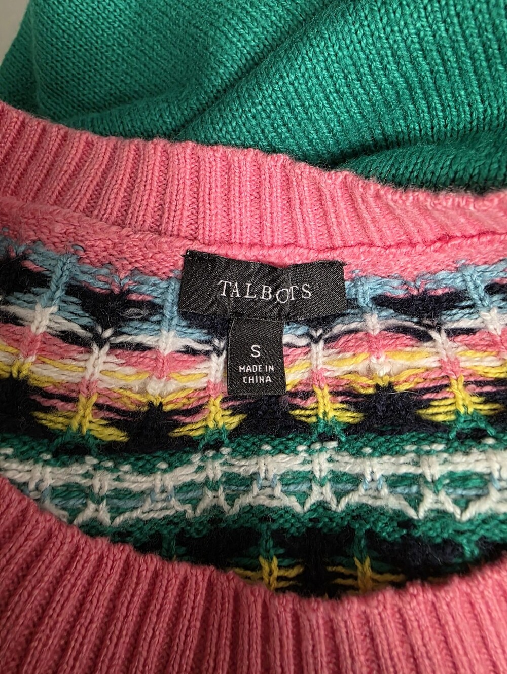 Talbots Green Fair Isle Crewneck Sweater with Pink Trim Size Small - Picture 6 of 7
